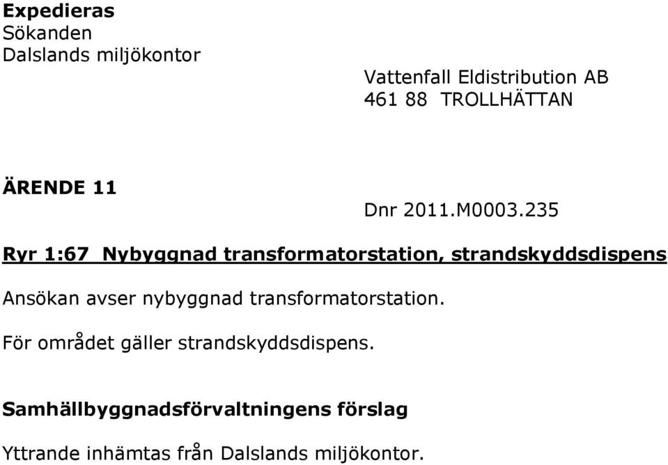 235 Ryr 1:67 Nybyggnad transformatorstation, strandskyddsdispens Ansökan avser