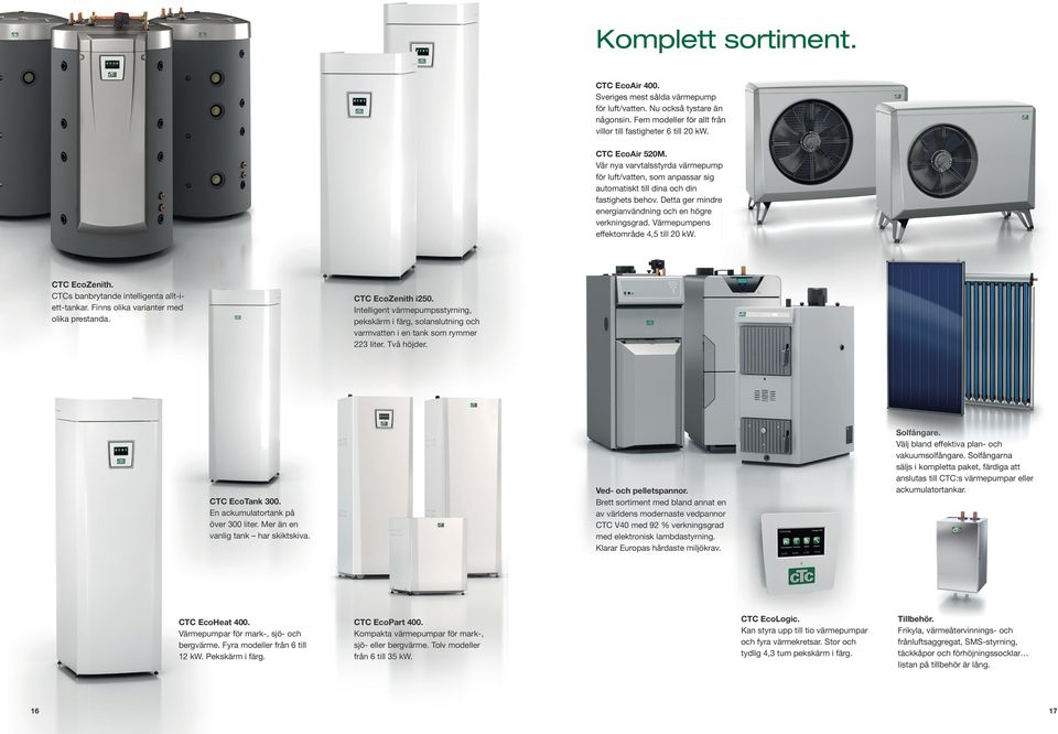 Värmepumpens effektområde 4,5 till 20 kw. CTC EcoZenith. CTCs banbrytande intelligenta allt-iett-tankar. Finns olika varianter med olika prestanda. CTC EcoZenith i250.