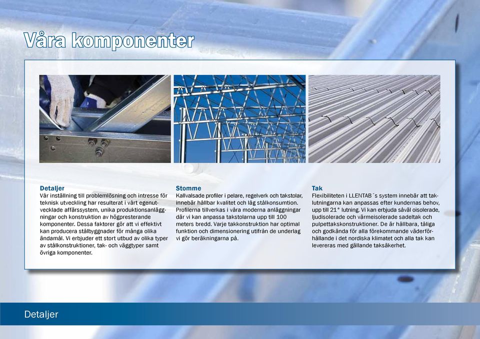 Vi erbjuder ett stort utbud av olika typer av stålkonstruktioner, tak- och väggtyper samt övriga komponenter.