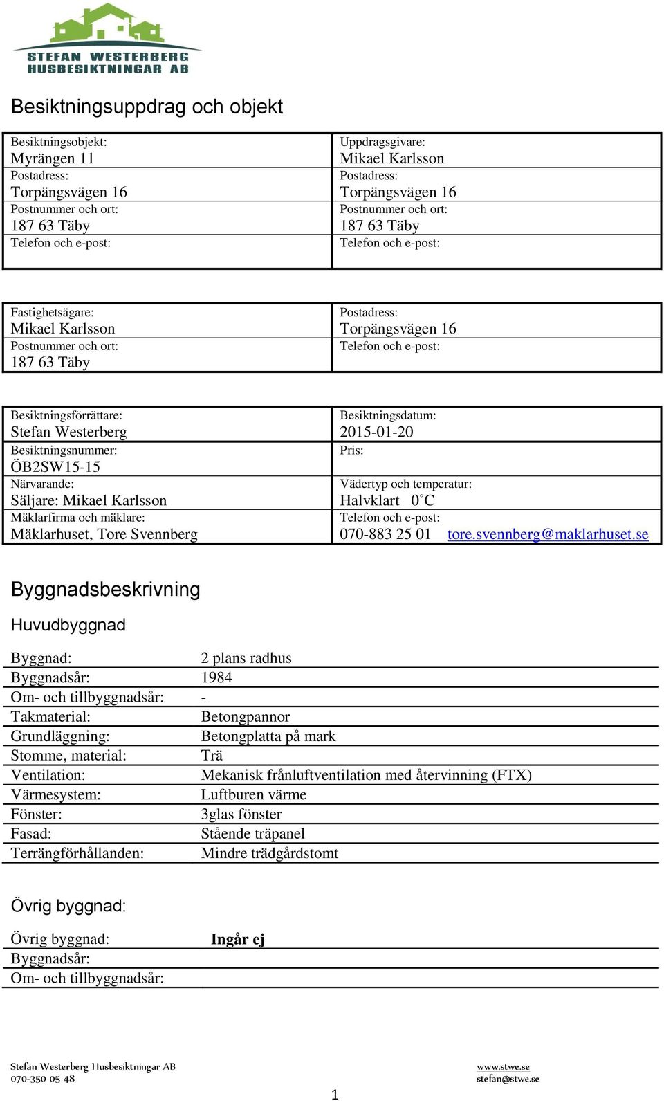 Westerberg Besiktningsnummer: ÖB2SW15-15 Närvarande: Säljare: Mikael Karlsson Mäklarfirma och mäklare: Mäklarhuset, Tore Svennberg Besiktningsdatum: 2015-01-20 Pris: Vädertyp och temperatur: