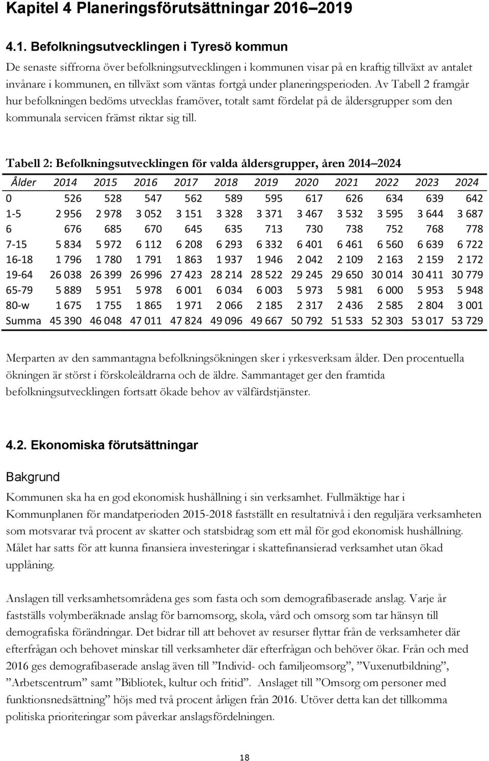 fortgå under planeringsperioden. Av Tabell 2 framgår hur befolkningen bedöms utvecklas framöver, totalt samt fördelat på de åldersgrupper som den kommunala servicen främst riktar sig till.