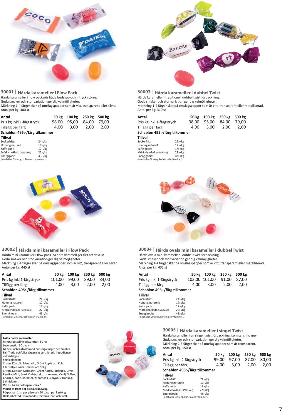 per kg: 300 st 50 kg 100 kg 250 kg 500 kg Pris kg inkl 1-färgstryck 98,00 95,00 84,00 79,00 24:-/kg Honung naturell: Kaffe godis: Mörk choklad: (56% kako) 22:-/kg Energigodis: 43:-/kg (Innehåller