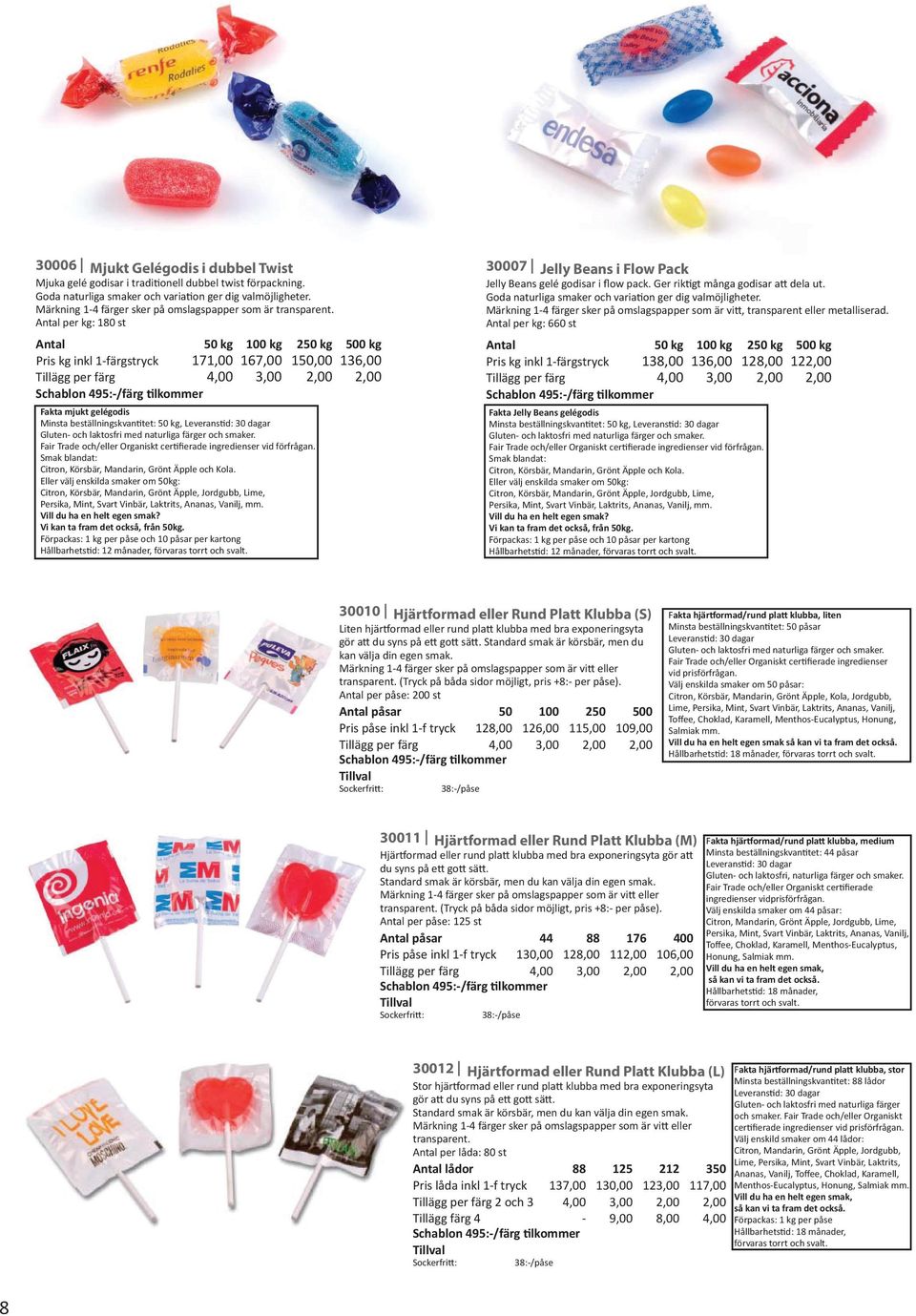 per kg: 180 st 50 kg 100 kg 250 kg 500 kg Pris kg inkl 1-färgstryck 171,00 167,00 150,00 136,00 Fakta mjukt gelégodis Minsta beställningskvantitet: 50 kg, Fair Trade och/eller Organiskt certifierade