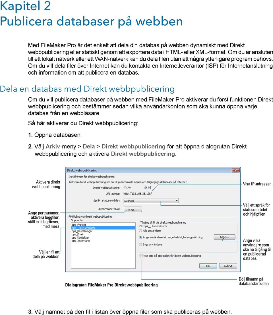 Om du vill dela filer över Internet kan du kontakta en Internetleverantör (ISP) för Internetanslutning och information om att publicera en databas.