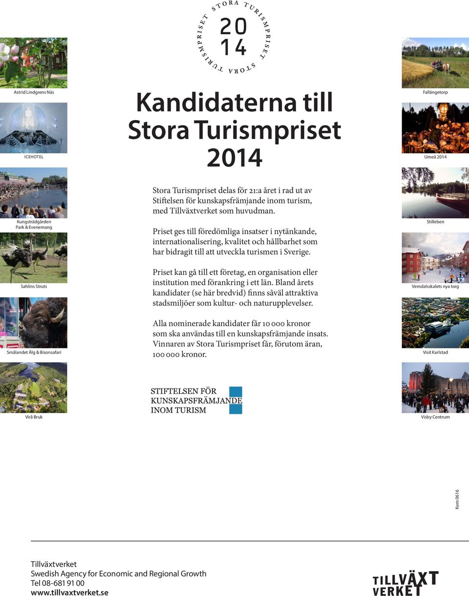 Priset ges till föredömliga insatser i nytänkande, internationalisering, kvalitet och hållbarhet som har bidragit till att utveckla turismen i Sverige.
