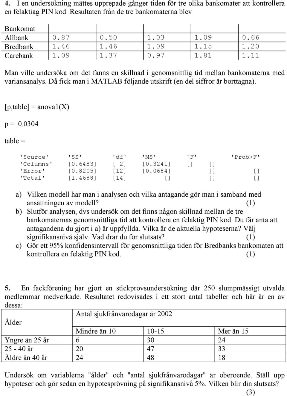 Då fick man i MATLAB följande utskrift (en del siffror är borttagna). [p,table] = anova1(x) p = 0.0304 table = 'Source' 'SS' 'df' 'MS' 'F' 'Prob>F' 'Columns' [0.6483] [ 2] [0.3241] [] [] 'Error' [0.