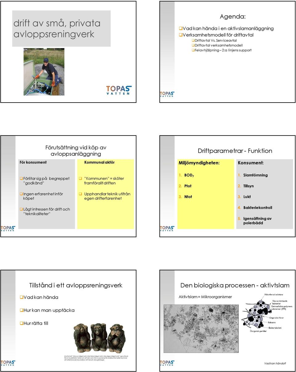 Konsument: Förlitar sig på begreppet godkänd Kommunen = sköter framförallt driften 1. BOD 7 2. Ptot 1. Slamtömning 2.