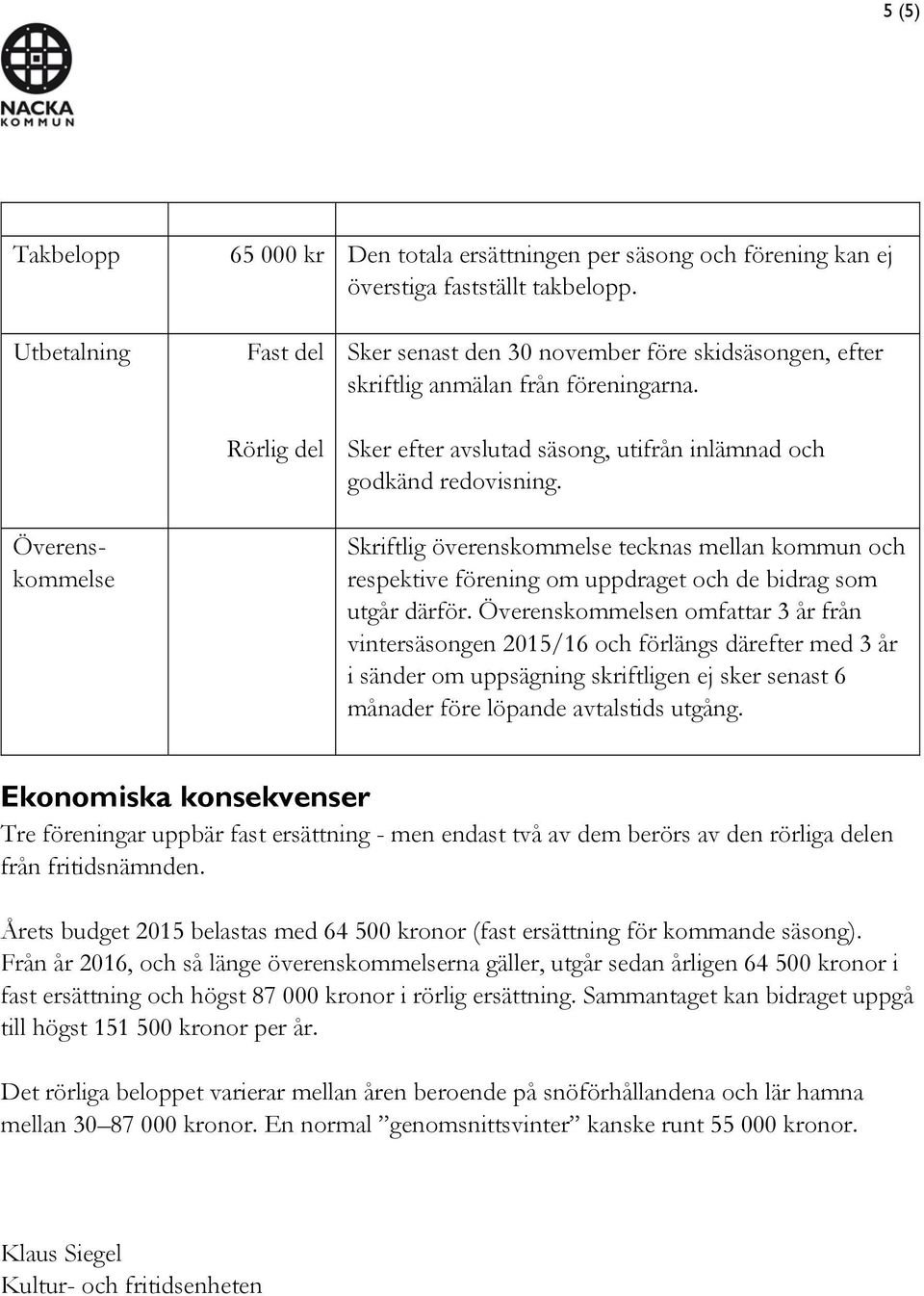 Sker efter avslutad säsong, utifrån inlämnad och godkänd redovisning. Skriftlig överenskommelse tecknas mellan kommun och respektive förening om uppdraget och de bidrag som utgår därför.