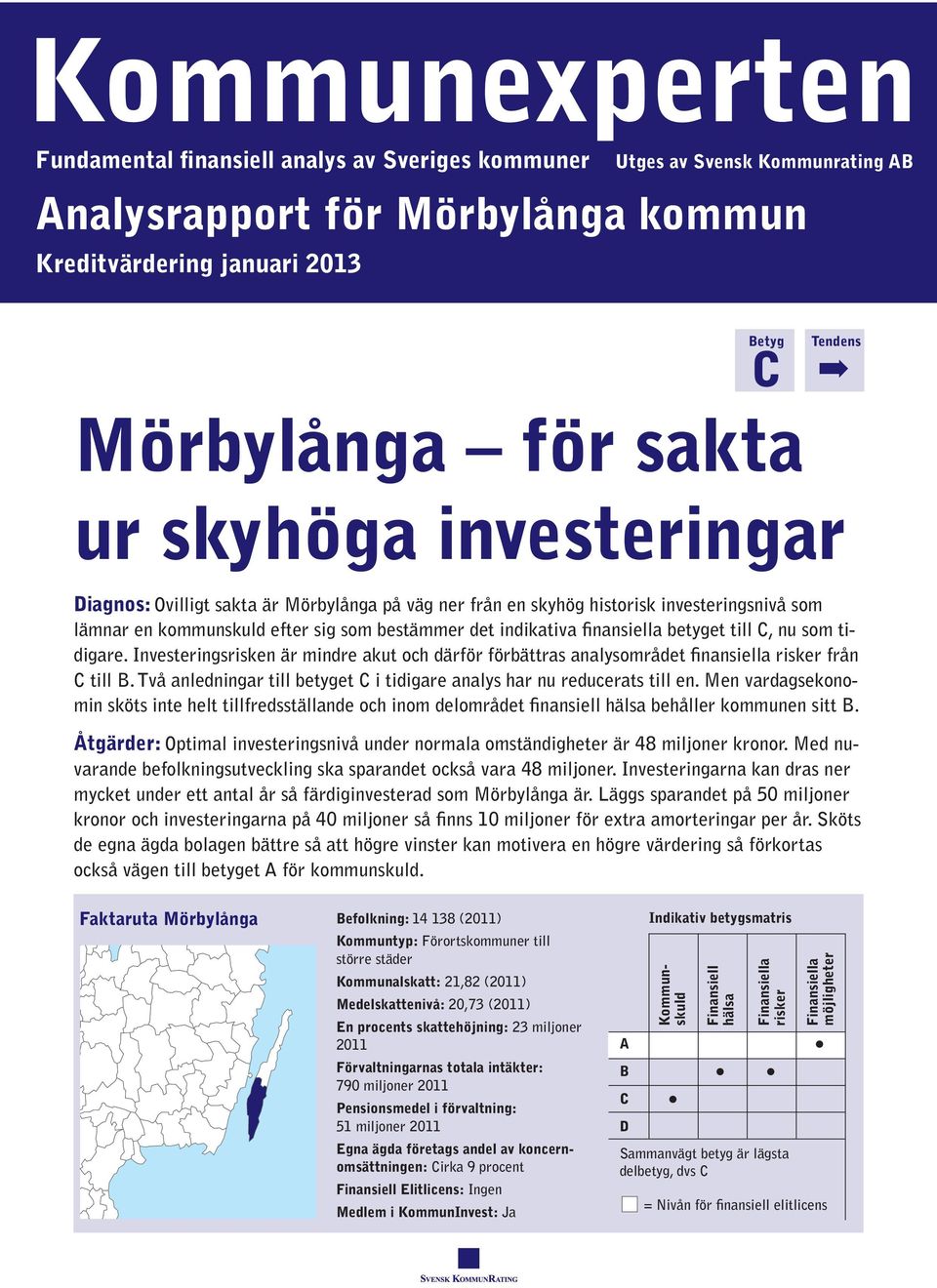 betyget till C, nu som tidigare. Investeringsrisken är mindre akut och därför förbättras analysområdet finansiella risker från C till B.