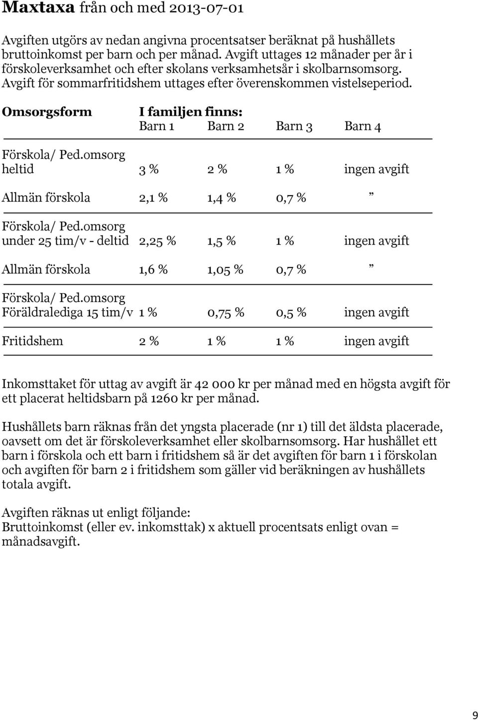 Omsorgsform I familjen finns: Barn 1 Barn 2 Barn 3 Barn 4 Förskola/ Ped.omsorg heltid 3 % 2 % 1 % ingen avgift Allmän förskola 2,1 % 1,4 % 0,7 % Förskola/ Ped.