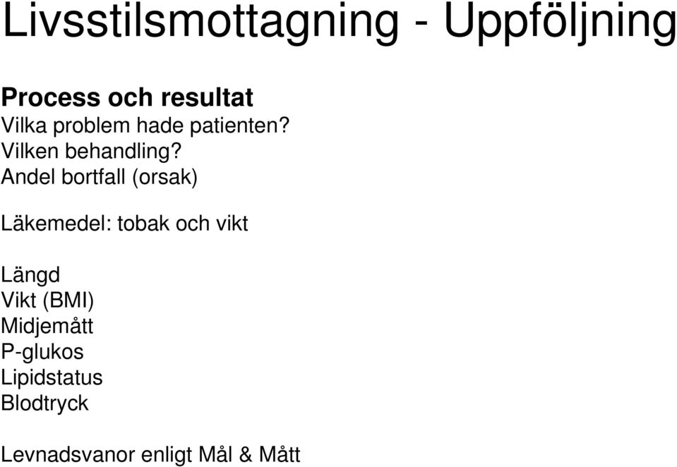 Andel bortfall (orsak) Läkemedel: tobak och vikt Längd Vikt