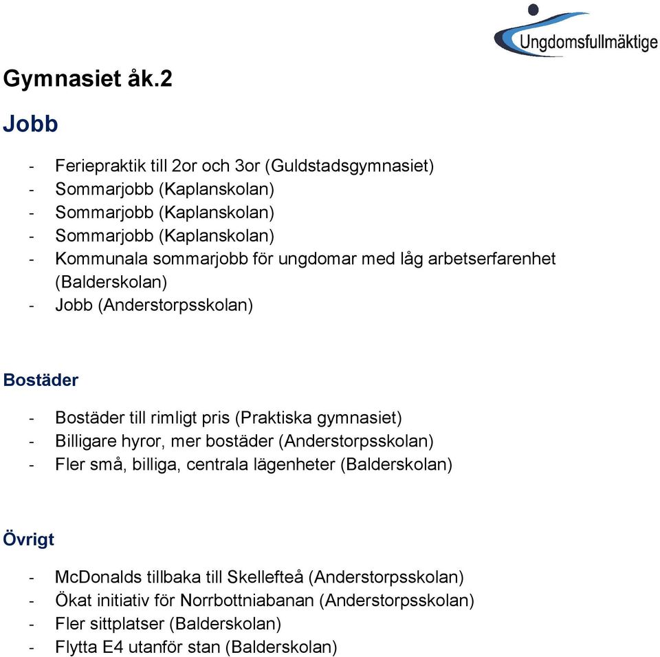 sommarjobb för ungdomar med låg arbetserfarenhet (Balderskolan) - Jobb (Anderstorpsskolan) Bostäder - Bostäder till rimligt pris (Praktiska gymnasiet) -