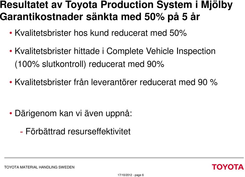 Inspection (100% slutkontroll) reducerat med 90% Kvalitetsbrister från leverantörer