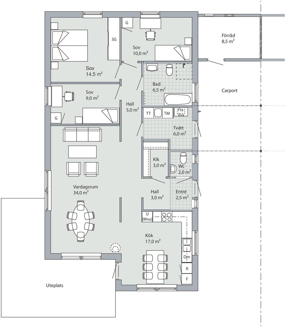 m² Klk 3,0 m² Wc 2,0 m² Vardagsrum 34,0 m² Hall