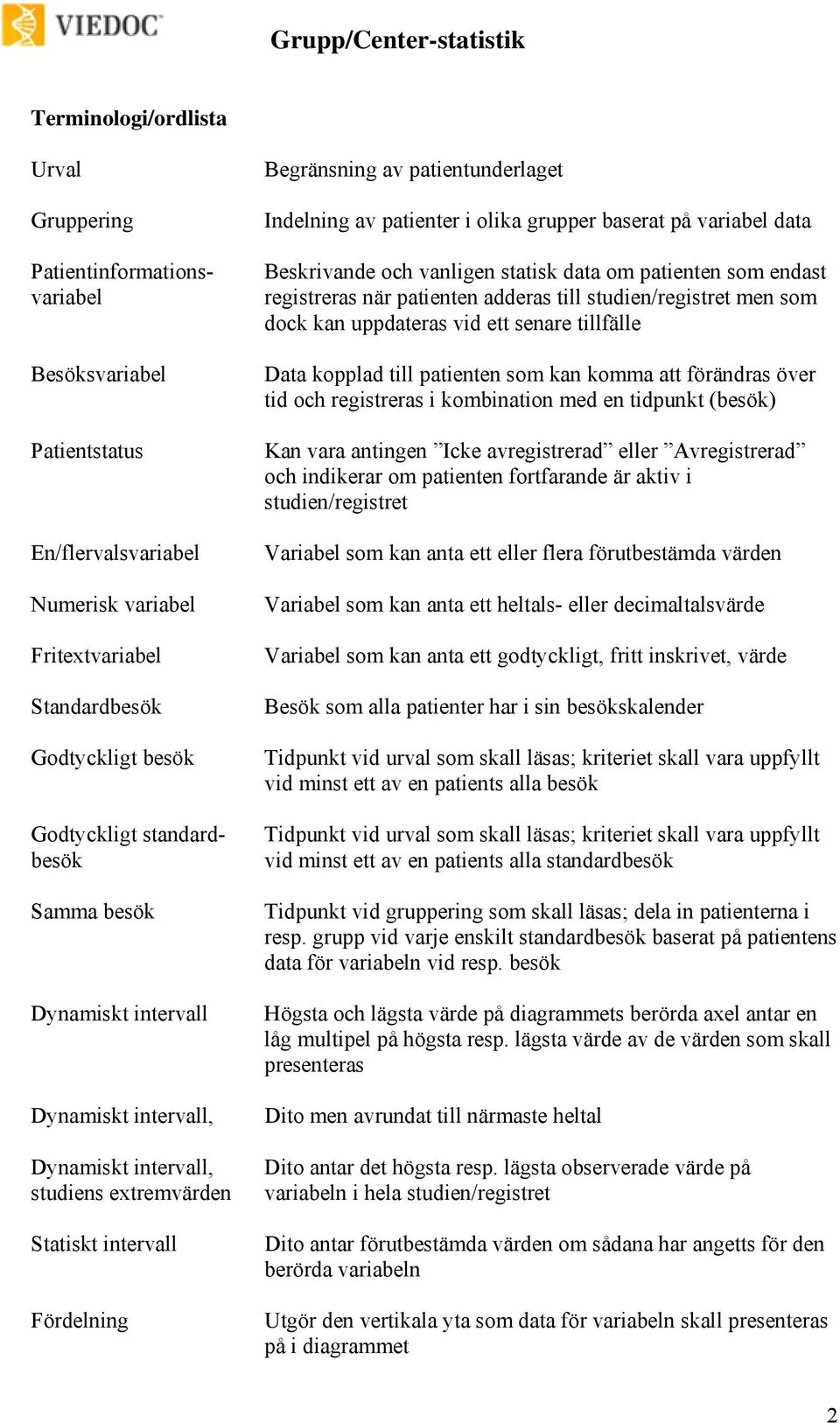 olika grupper baserat på variabel data Beskrivande och vanligen statisk data om patienten som endast registreras när patienten adderas till studien/registret men som dock kan uppdateras vid ett