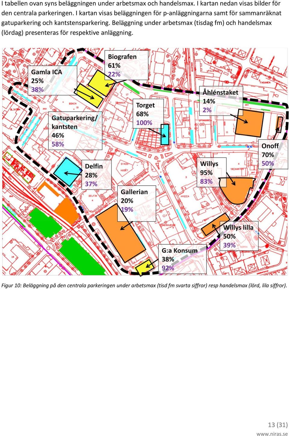 I kartan visas beläggningen för p-anläggningarna samt för sammanräknat gatuparkering och kantstensparkering.