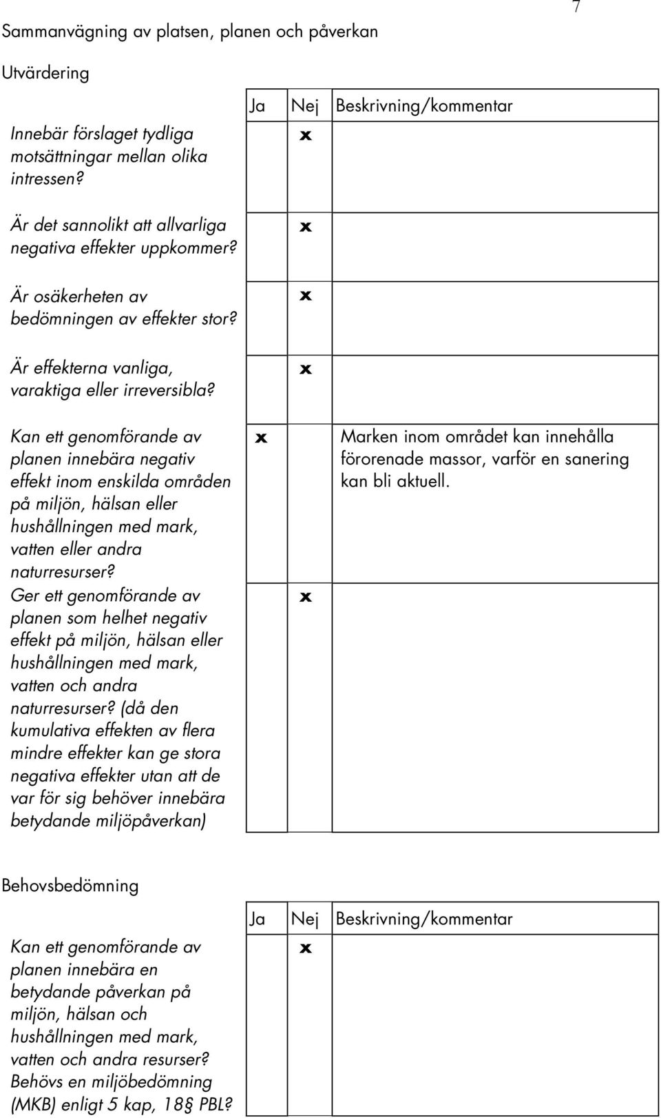 Kan ett genomförande av planen innebära negativ effekt inom enskilda områden på miljön, hälsan eller hushållningen med mark, vatten eller andra naturresurser?