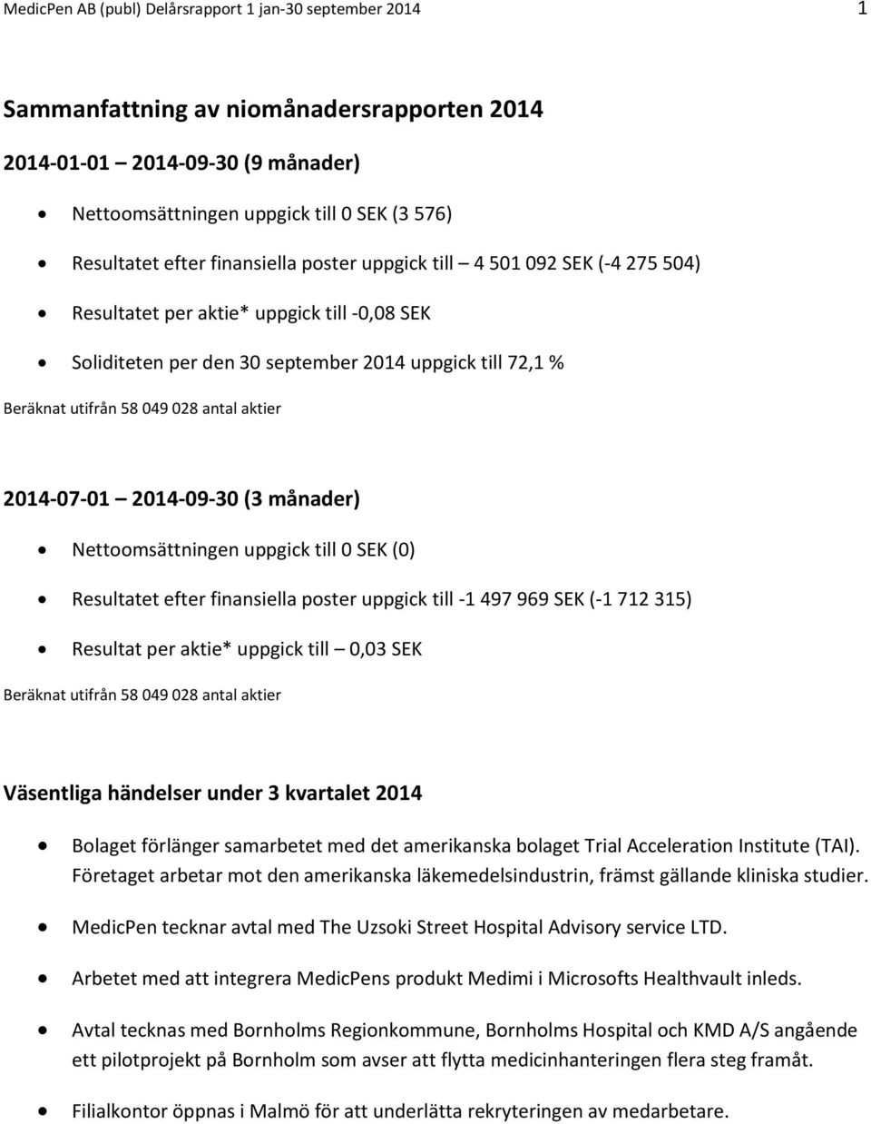 aktier 2014-07-01 2014-09-30 (3 månader) Nettoomsättningen uppgick till 0 SEK (0) Resultatet efter finansiella poster uppgick till -1 497 969 SEK (-1 712 315) Resultat per aktie* uppgick till 0,03