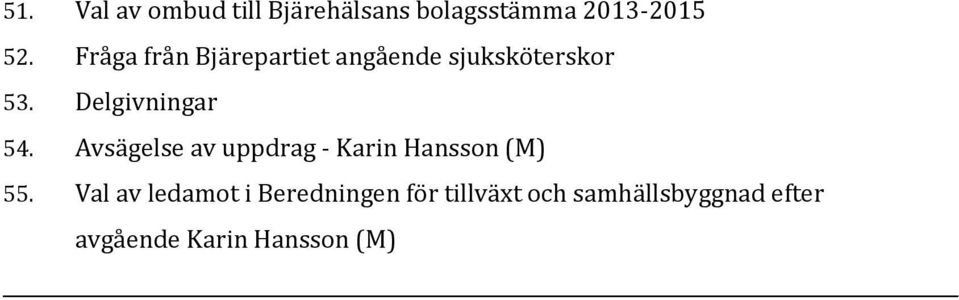 Delgivningar 54. Avsägelse av uppdrag Karin Hansson (M) 55.