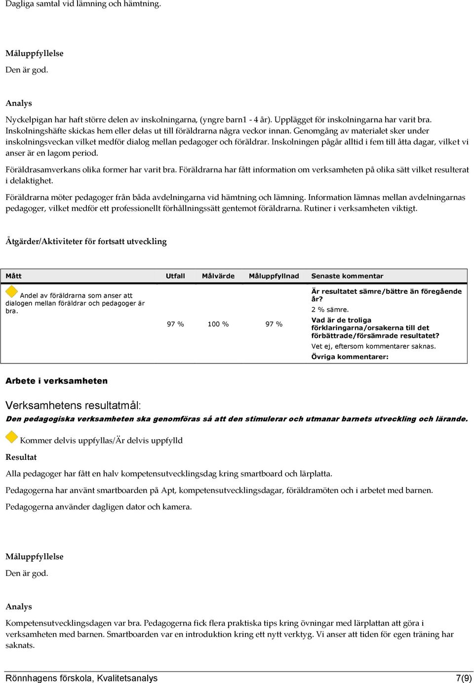 Inskolningen pågår alltid i fem till åtta dagar, vilket vi anser är en lagom period. Föräldrasamverkans olika former har varit bra.