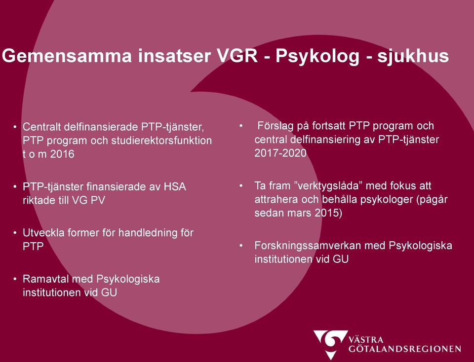 riktade till VG PV Utveckla former för handledning för PTP Ramavtal med Psykologiska institutionen vid GU Ta fram verktygslåda