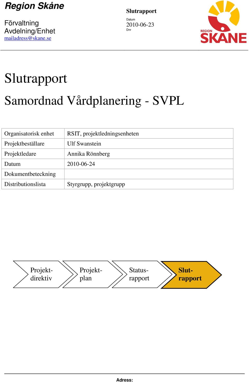 enhet RSIT, projektledningsenheten Projektbeställare Ulf Swanstein Projektledare Annika Rönnberg