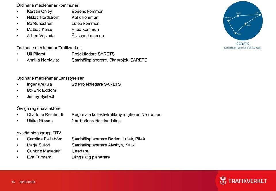 SARETS Bo-Erik Ekblom Jimmy Bystedt Övriga regionala aktörer Charlotte Reinholdt Regionala kollektivtrafikmyndigheten Norrbotten Ulrika Nilsson Norrbottens läns landsting