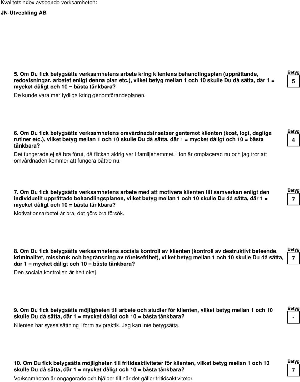 Om Du fick betygsätta verksamhetens omvårdnadsinsatser gentemot klienten (kost, logi, dagliga rutiner etc.), vilket betyg mellan 1 och skulle Du då sätta, där 1 = mycket dåligt och = bästa tänkbara?