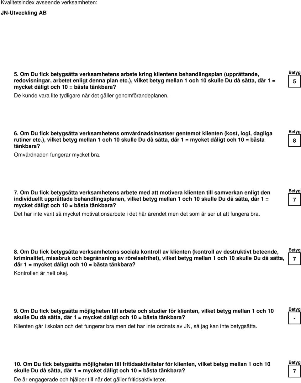 Om Du fick betygsätta verksamhetens omvårdnadsinsatser gentemot klienten (kost, logi, dagliga rutiner etc.), vilket betyg mellan 1 och skulle Du då sätta, där 1 = mycket dåligt och = bästa tänkbara?