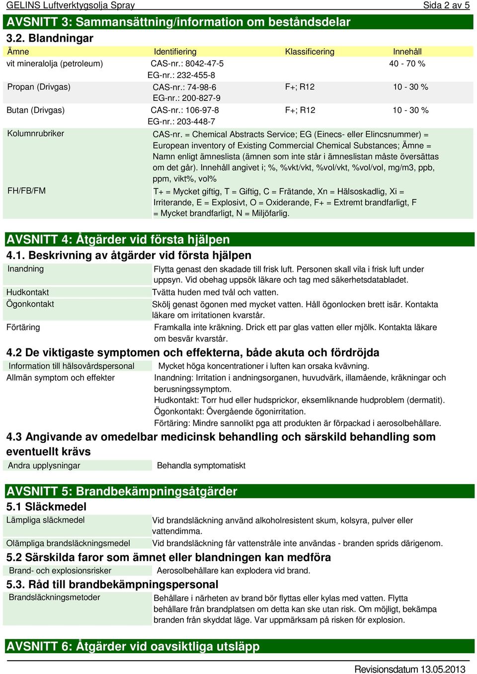= Chemical Abstracts Service; EG (Einecs- eller Elincsnummer) = European inventory of Existing Commercial Chemical Substances; Ämne = Namn enligt ämneslista (ämnen som inte står i ämneslistan måste