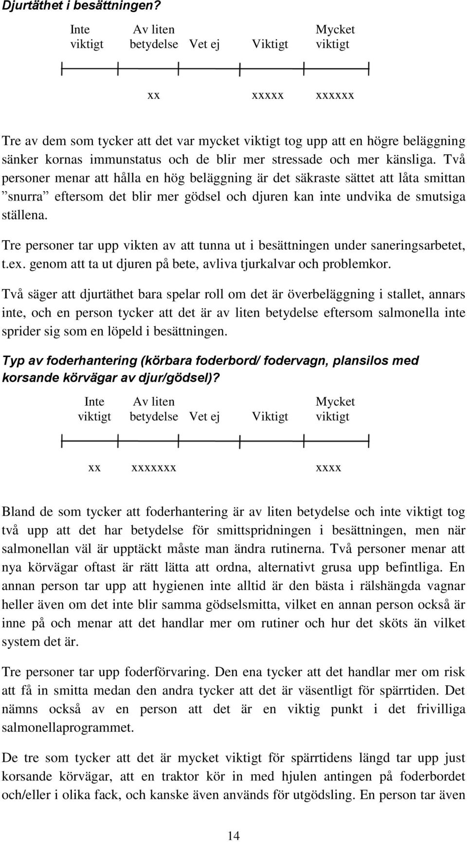 känsliga. Två personer menar att hålla en hög beläggning är det säkraste sättet att låta smittan snurra eftersom det blir mer gödsel och djuren kan inte undvika de smutsiga ställena.