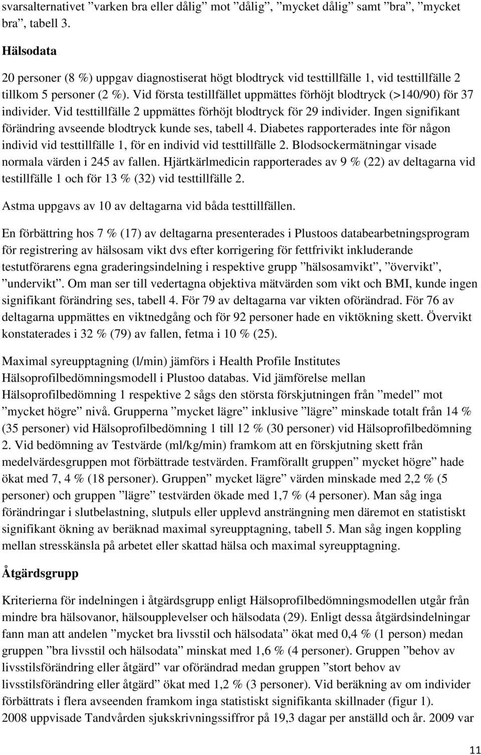 Vid första testillfället uppmättes förhöjt blodtryck (>140/90) för 37 individer. Vid testtillfälle 2 uppmättes förhöjt blodtryck för 29 individer.