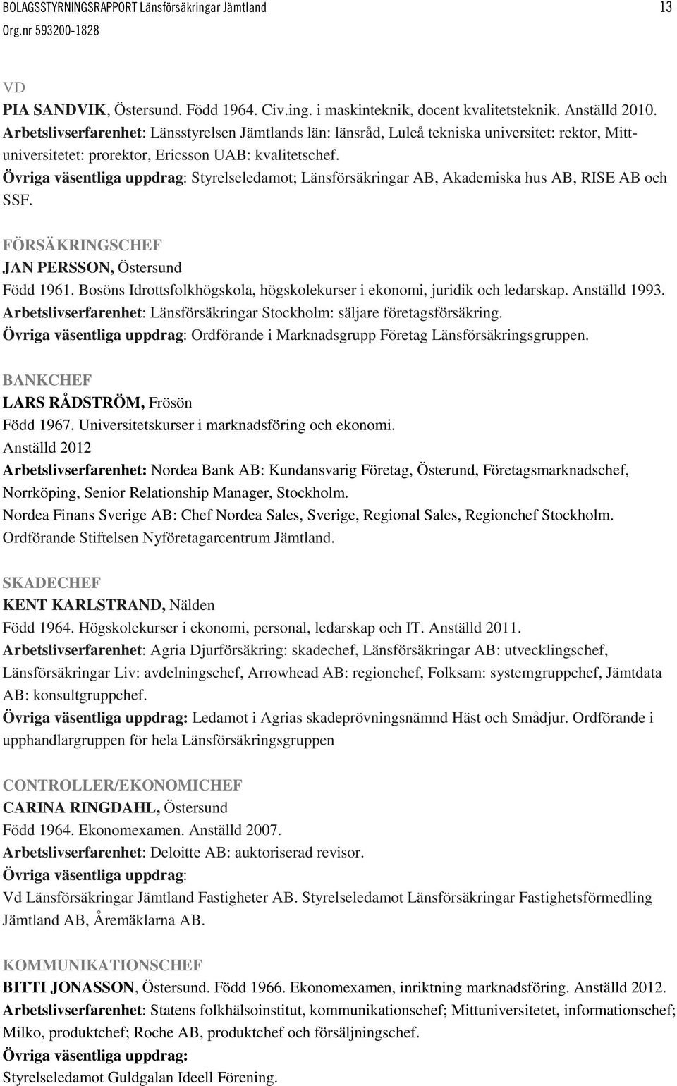 Övriga väsentliga uppdrag: Styrelseledamot; Länsförsäkringar AB, Akademiska hus AB, RISE AB och SSF. FÖRSÄKRINGSCHEF JAN PERSSON, Östersund Född 1961.