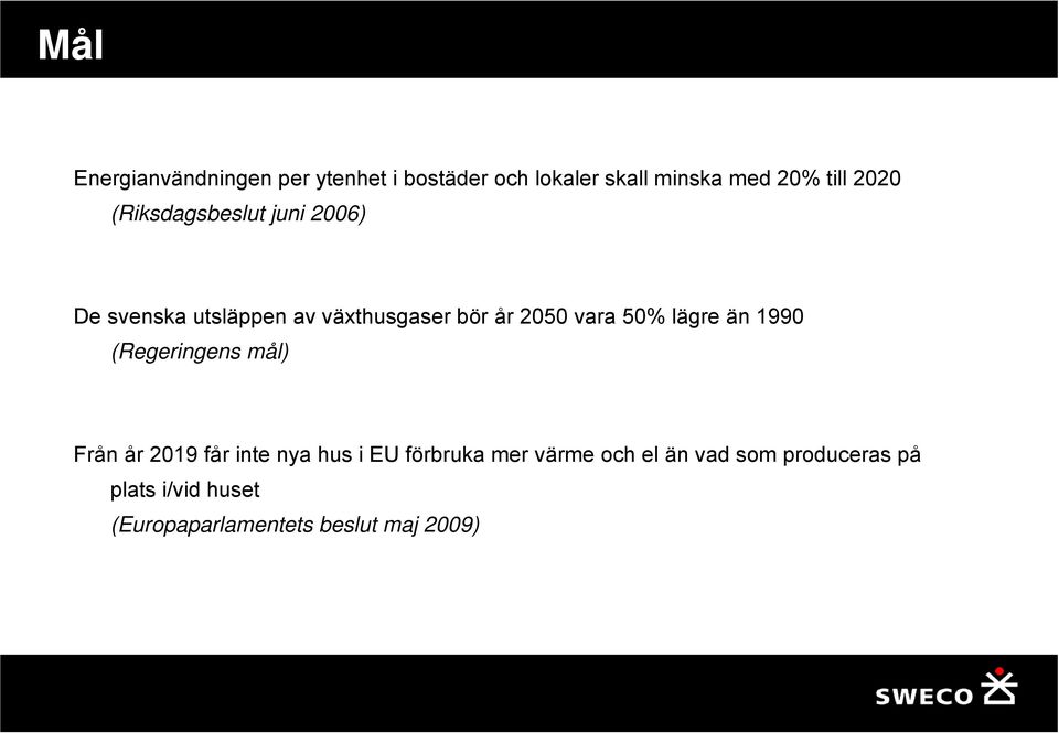 50% lägre än 1990 (Regeringens mål) Från år 2019 får inte nya hus i EU förbruka mer