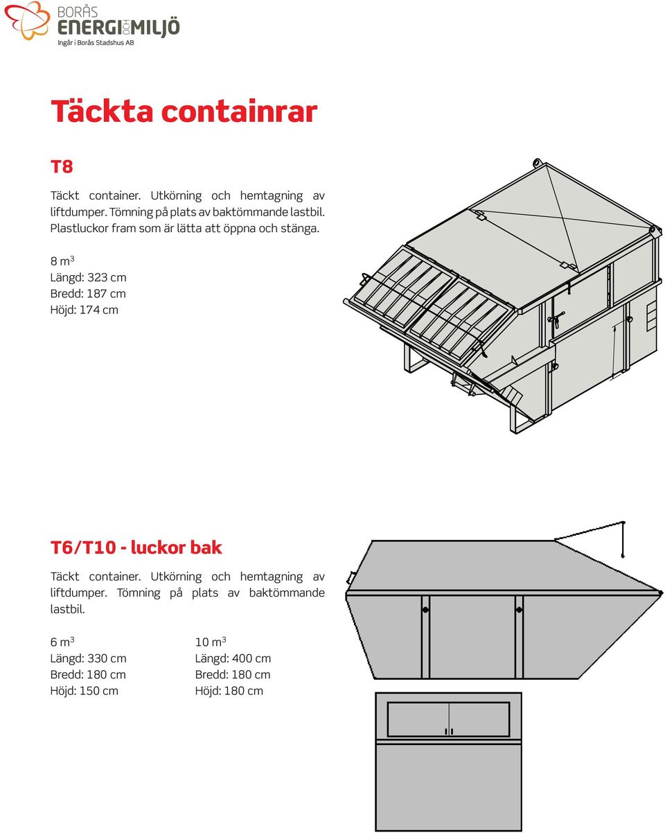 8 m 3 Längd: 323 cm Bredd: 187 cm Höjd: 174 cm T6/T10 - luckor bak Täckt container.