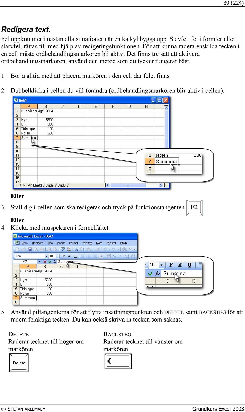 Börja alltid med att placera markören i den cell där felet finns. 2. Dubbelklicka i cellen du vill förändra (ordbehandlingsmarkören blir aktiv i cellen). Eller 3.