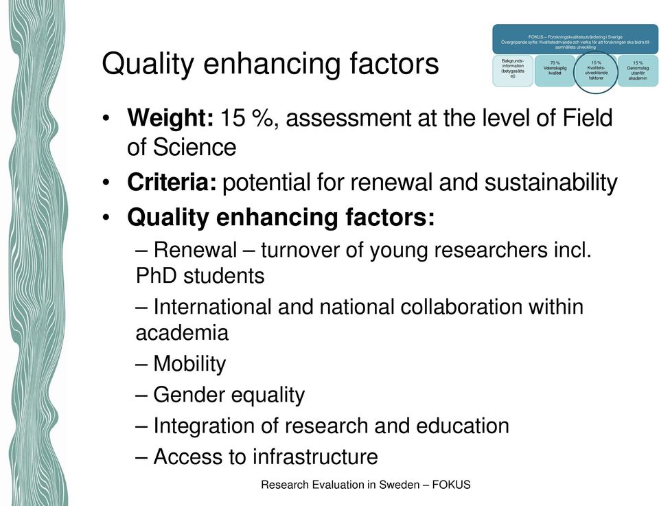 assessment at the level of Field of Science Criteria: potential for renewal and sustainability Quality enhancing factors: Renewal turnover of young