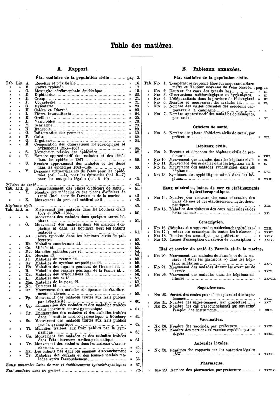Ruogeole» 29.»» O. Inflammation des poumons» 30.» P. Goitre» 32.»» Q. Ergotisme» 34.»» R. Comparation des observations meteorologiques et hygieniques 1863 1867» 36.»» S.