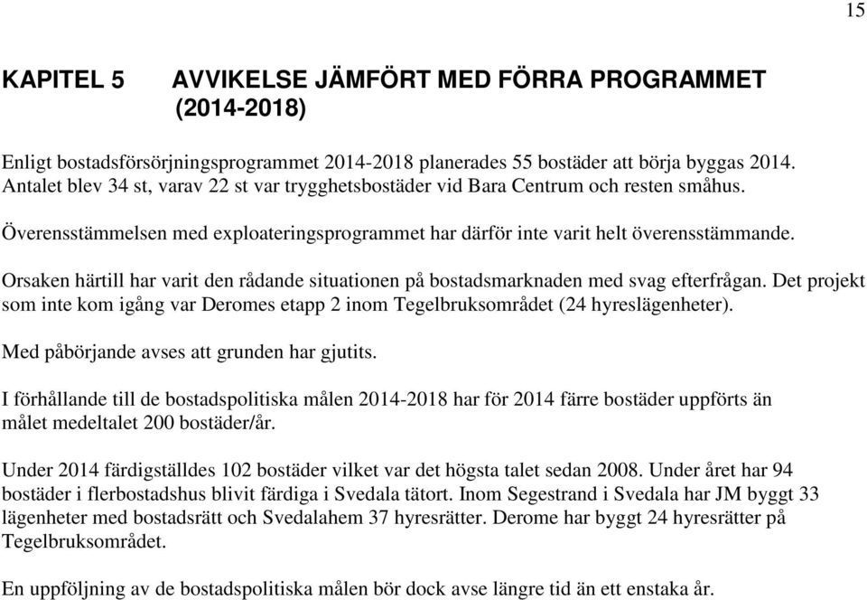 Orsaken härtill har varit den rådande situationen på bostadsmarknaden med svag efterfrågan. Det projekt som inte kom igång var Deromes etapp 2 inom Tegelbruksområdet (24 hyreslägenheter).