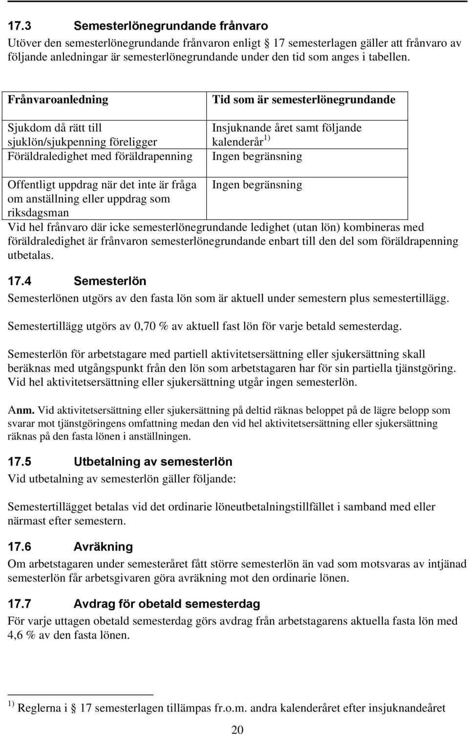 Frånvaroanledning Sjukdom då rätt till sjuklön/sjukpenning föreligger Föräldraledighet med föräldrapenning Tid som är semesterlönegrundande Insjuknande året samt följande kalenderår 1) Ingen