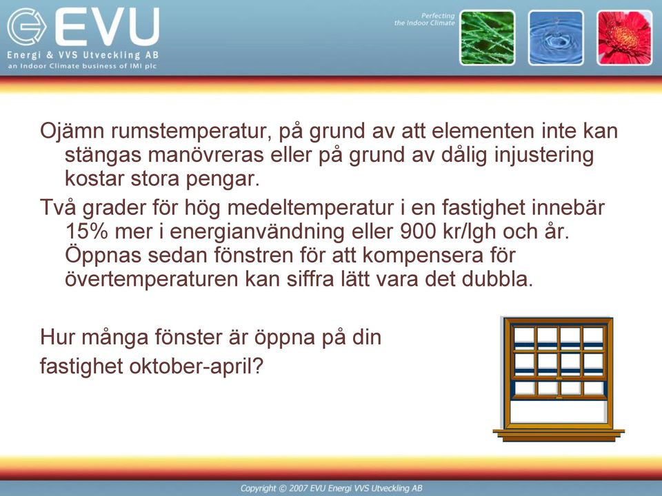 Två grader för hög medeltemperatur i en fastighet innebär 15% mer i energianvändning eller 900