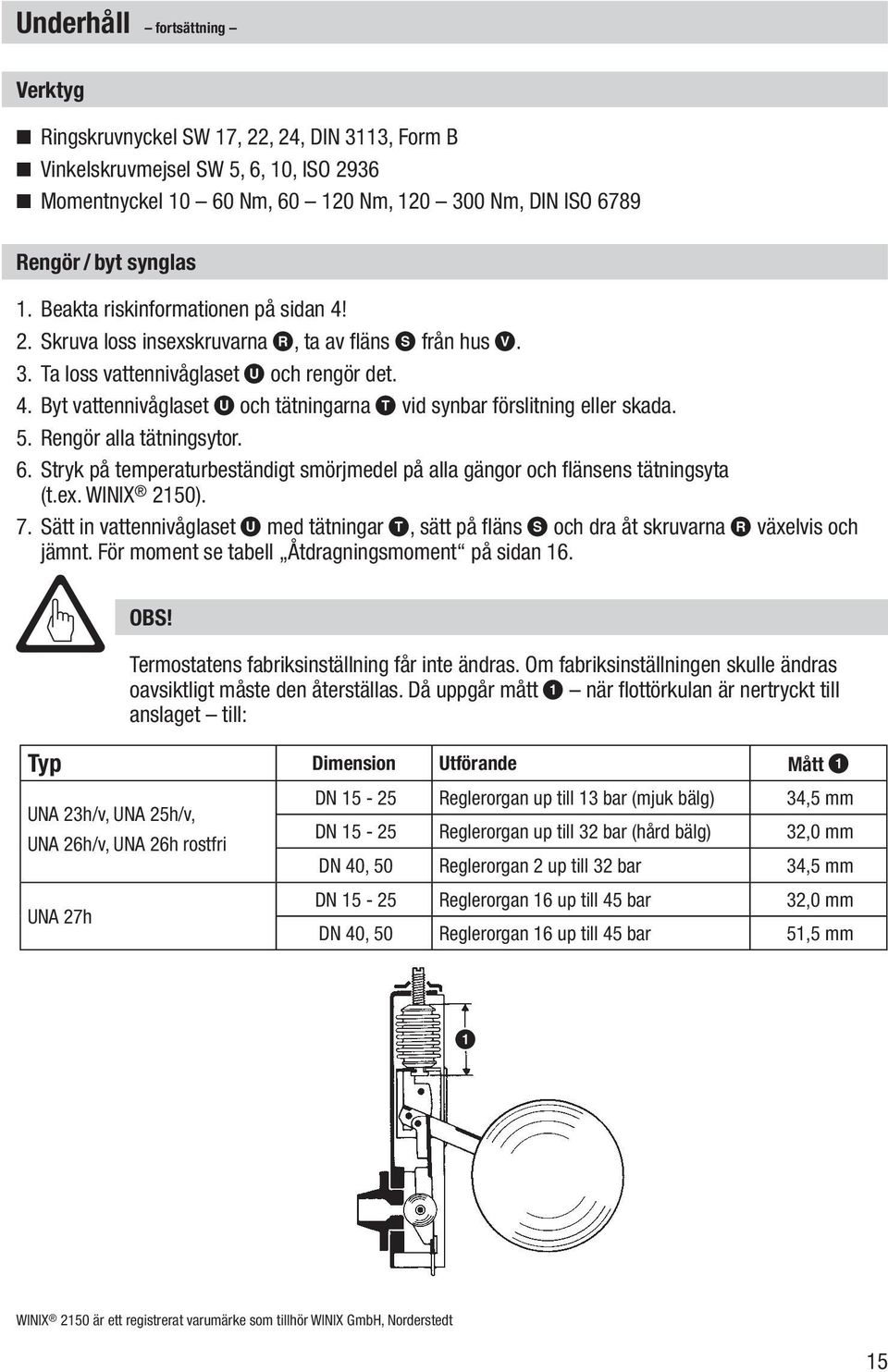 5. Rengör alla tätningsytor. 6. Stryk på temperaturbeständigt smörjmedel på alla gängor och flänsens tätningsyta (t.ex. WINIX 2150). 7.