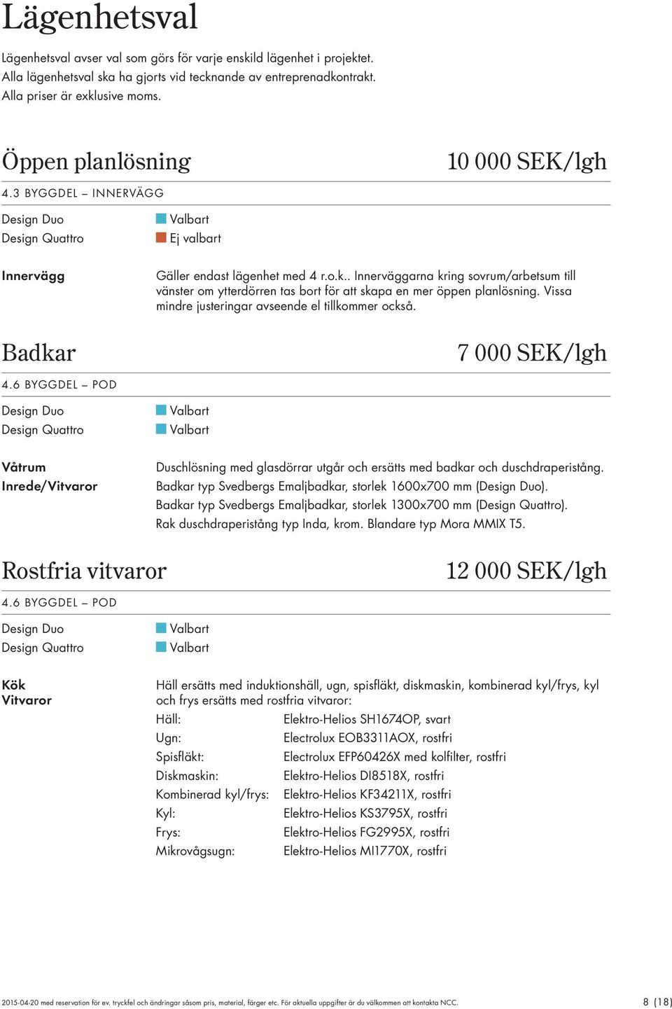 Vissa mindre justeringar avseende el tillkommer också. 7 000 SEK/lgh 4.6 BYGGDEL POD Våtrum Inrede/Vitvaror Duschlösning med glasdörrar utgår och ersätts med badkar och duschdraperistång.