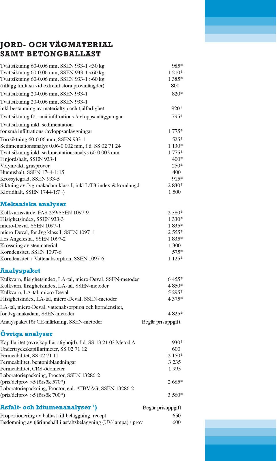 06 mm, SSEN 933-1 inkl bestämning av materialtyp och tjälfarlighet 920* Tvättsiktning för små infiltrations-/avloppsanläggningar 795* Tvättsiktning inkl.