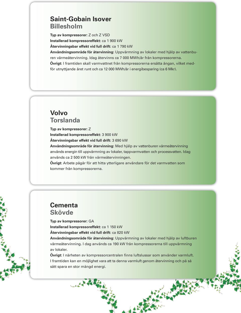 Övrigt: I framtiden skall varmvattnet från kompressorerna ersätta ångan, vilket medför utnyttjande året runt och ca 12 000 MWh/år i energibesparing (ca 6 Mkr).