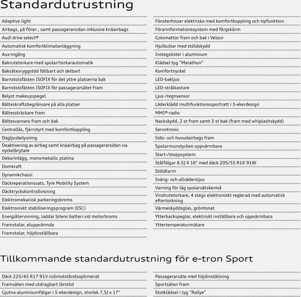 Bälteskraftsbegränsare på alla platser Bältessträckare fram Bältesvarnare fram och bak Centrallås, fjärrstyrt med komfortkoppling Dagljusbelysning Deaktivering av airbag samt knäairbag på