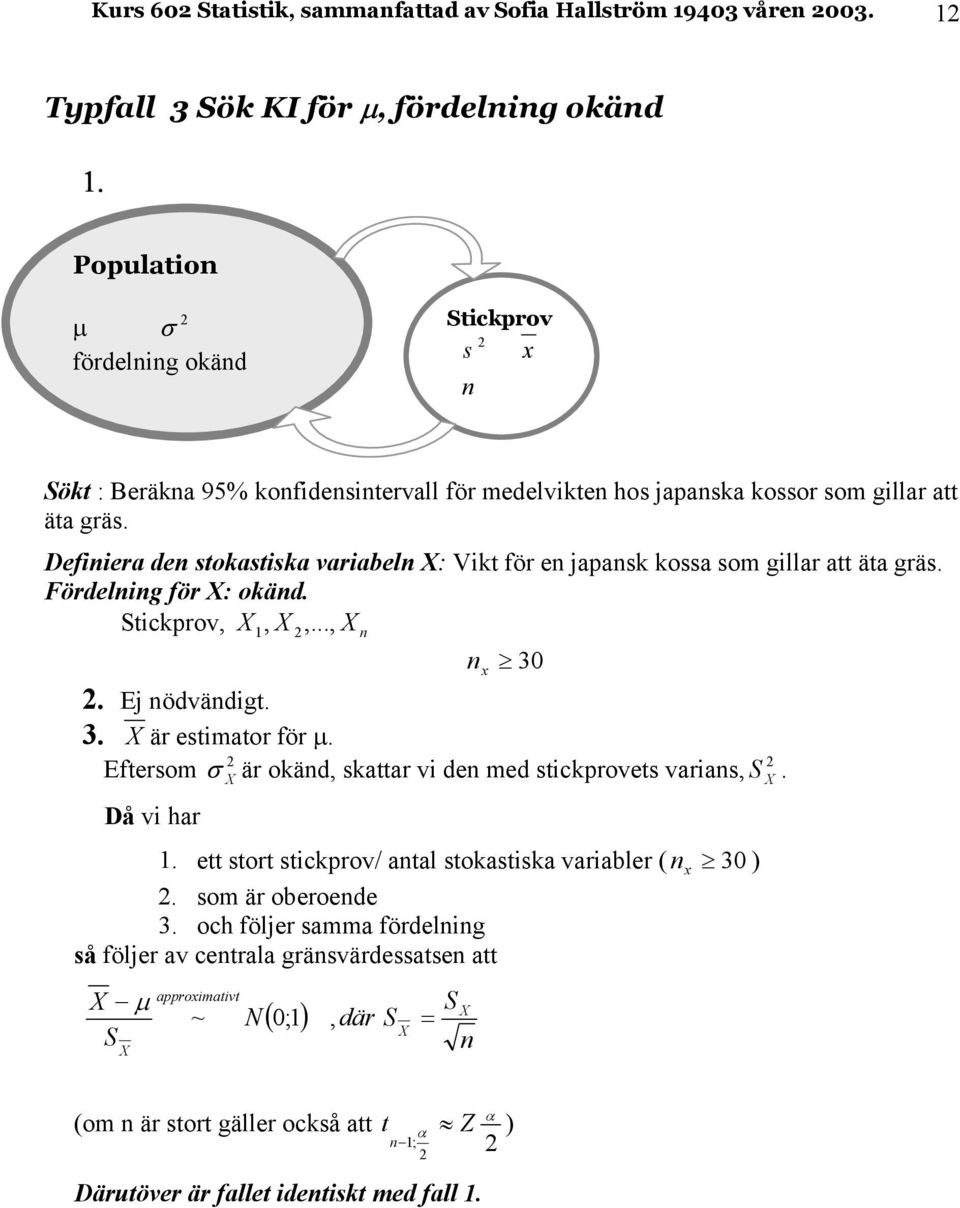 Defera de stokastska varabel : Vkt för e jaask kossa som gllar att äta gräs. Fördelg för : okäd. tckrov,,...,, 3. Ej ödvädgt. 3. är estmator för µ.