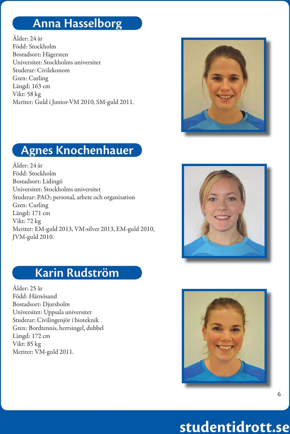 Agnes Knochenhauer Ålder: 24 år Född: Stockholm Bostadsort: Lidingö Universitet: Stockholms universitet Studerar: PAO; personal, arbete och organisation Gren: Curling Längd: