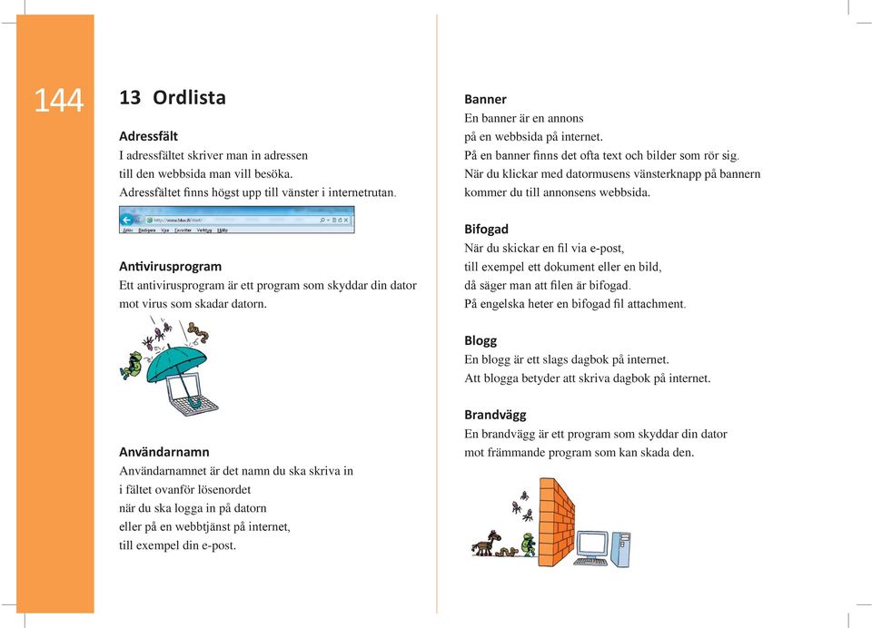 Ett antivirusprogram är ett program som skyddar din dator mot virus som skadar datorn. En blogg är ett slags dagbok på internet.