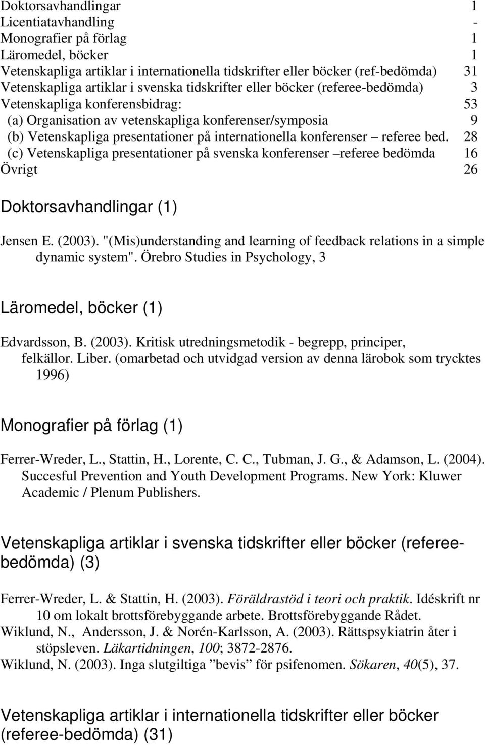 konferenser referee bed. 28 (c) Vetenskapliga presentationer på svenska konferenser referee bedömda 16 Övrigt 26 Doktorsavhandlingar (1) Jensen E. (2003).